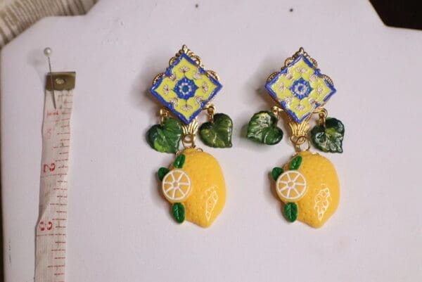 SOLD! 5523 Baroque Enamel Sicilian Tile Lemon Fruit Elegant Earrings - Image 5