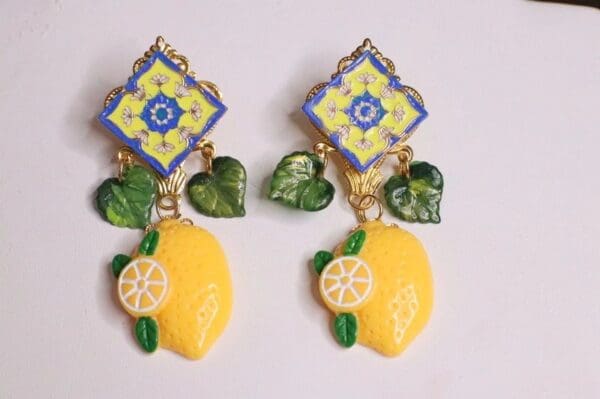 SOLD! 5523 Baroque Enamel Sicilian Tile Lemon Fruit Elegant Earrings - Image 6