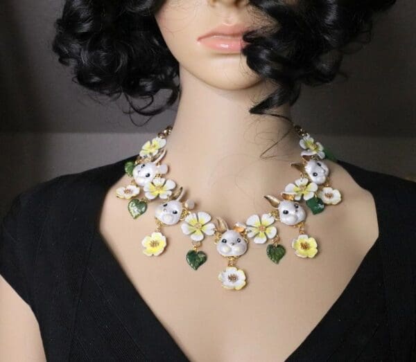 SOLD! 5525 Set Of Baroque Hand Painted Bunnies Flowers Necklace+ Earrings - Image 2