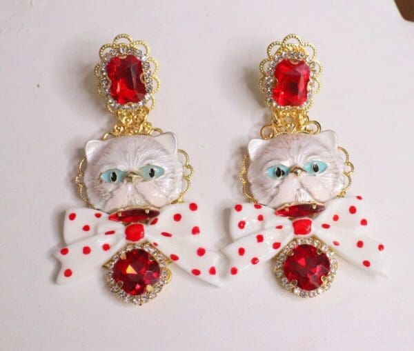 SOLD! 5527 Runway Baroque Enamel Bow Polka Dot Cat Crown Simple Earrings - Image 7