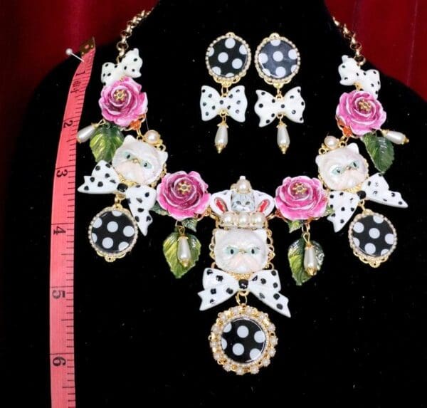SOLD! 5529 Set Of Hand Painted Polka Dot Bow Baroque Enamel Cats Roses Necklace+ Earrings - Image 9