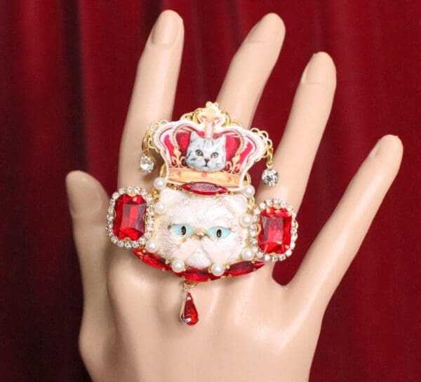 SOLD! 5530 Baroque Enamel Cat Crown Massive Cocktail Adjustable Ring - Image 6