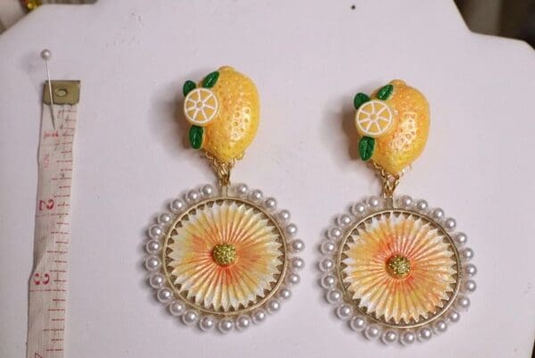 SOLD! 5539 Runway Baroque Hand Painted Sicilian Lemon Fruit Round Pearl Earrings - Image 6