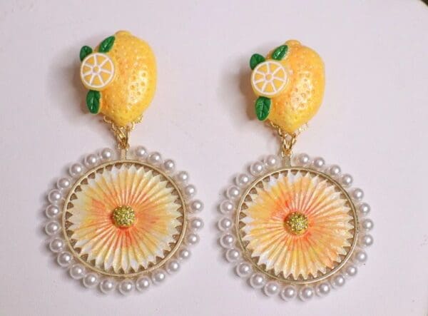 SOLD! 5539 Runway Baroque Hand Painted Sicilian Lemon Fruit Round Pearl Earrings - Image 7