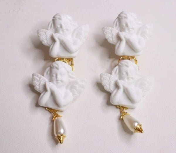 SOLD! 5542 Baroque Double White Cherubs Angels Earrings - Image 3