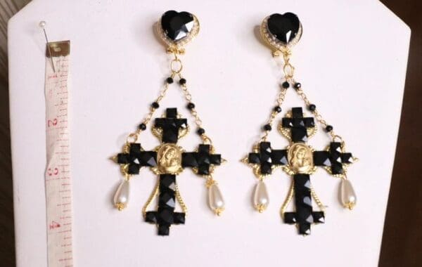 SOLD! 5551 Baroque Black Cross Madonna Coin Pearl Studs Earrings - Image 6