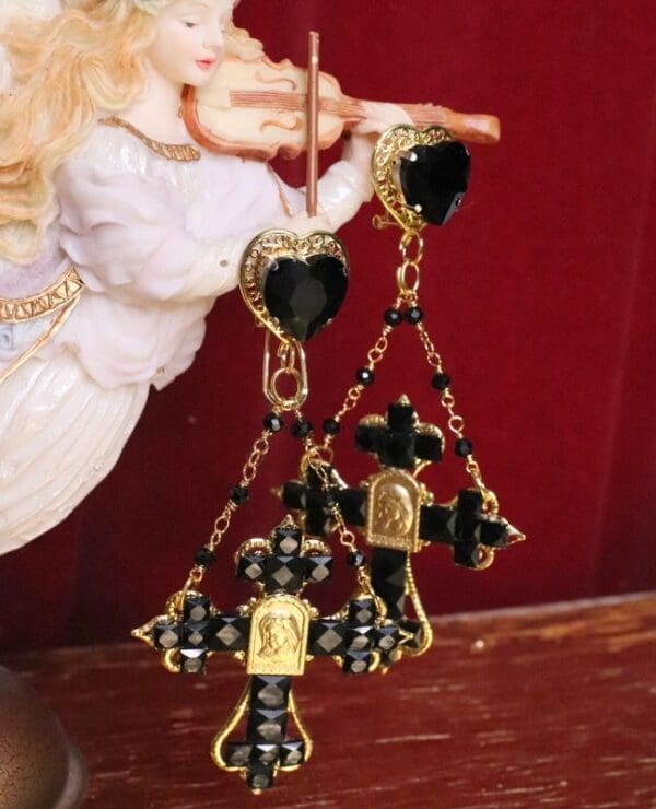SOLD! 5552 Baroque Black Cross Madonna Coin Studs Earrings - Image 4