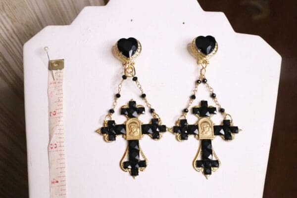 SOLD! 5552 Baroque Black Cross Madonna Coin Studs Earrings - Image 5