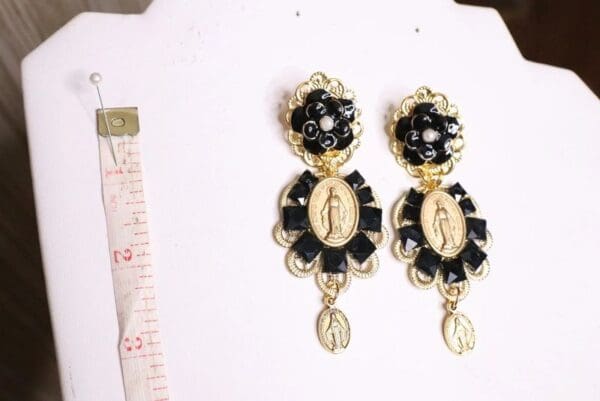 SOLD! 5568 Madonna Virgin Mary Light Weight Black Tile Studs Earrings - Image 5