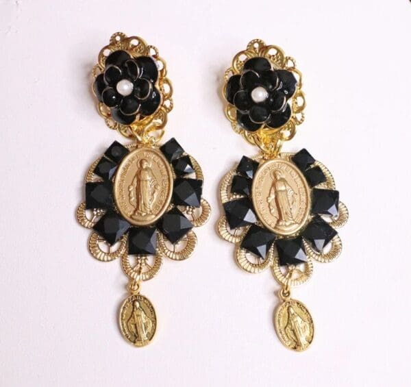 SOLD! 5568 Madonna Virgin Mary Light Weight Black Tile Studs Earrings - Image 6
