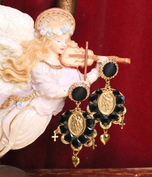 SOLD! 5569 St. Michael Light Weight Black Tile Studs Earrings - Image 4