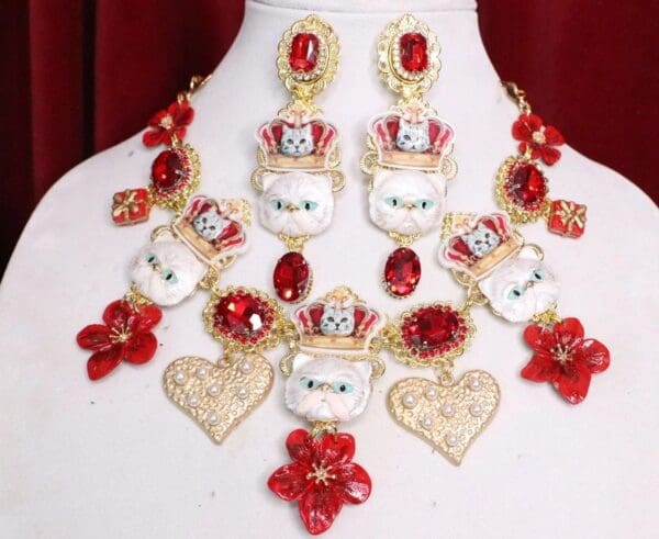SOLD! 5571 Baroque Enamel Cats Crown Hearts Roses Necklace - Image 2