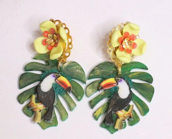 SOLD! 5583 Tropical Palm Leaf Toucan Earrings Studs - Image 8