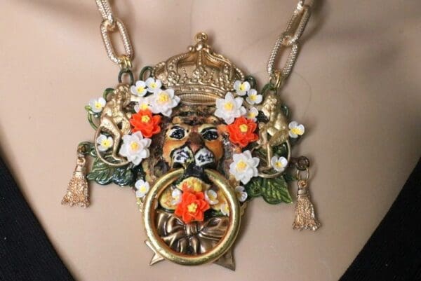 SOLD! 5585 Hand Painted Vivid Lion Crown Huge Pendant Necklace - Image 2