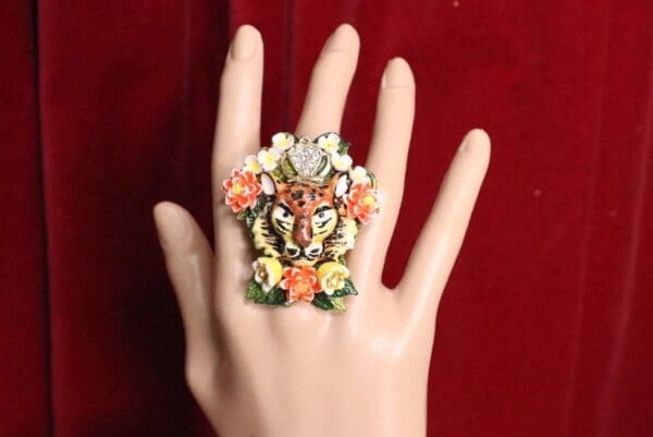 SOLD! 5587 Enamel Hand Painted Vivid Tiger Cocktail Adjustable Ring - Image 2