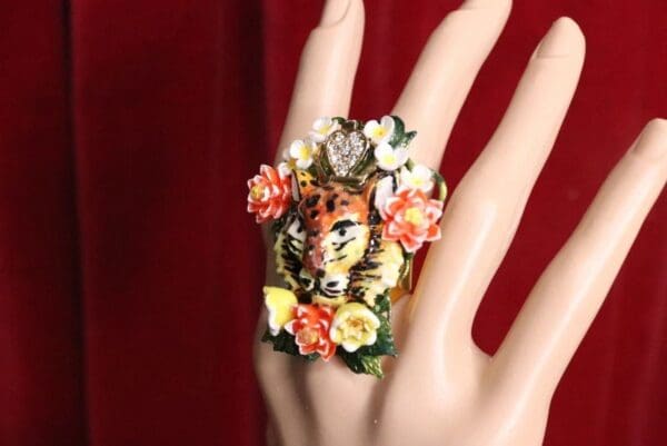 SOLD! 5587 Enamel Hand Painted Vivid Tiger Cocktail Adjustable Ring - Image 3