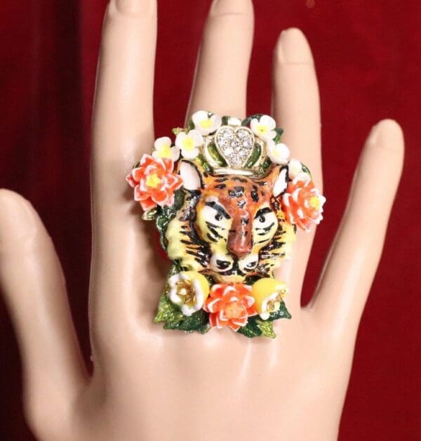 SOLD! 5587 Enamel Hand Painted Vivid Tiger Cocktail Adjustable Ring - Image 4