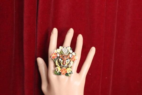 SOLD! 5587 Enamel Hand Painted Vivid Tiger Cocktail Adjustable Ring - Image 5
