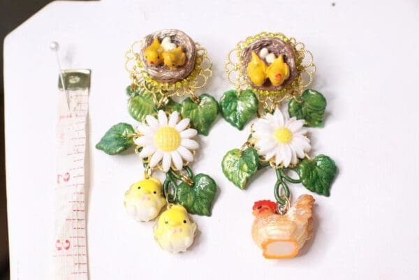SOLD! 5589 Hand Painted Irregular Chicks Rooster Daisy Statement Earrings - Image 3