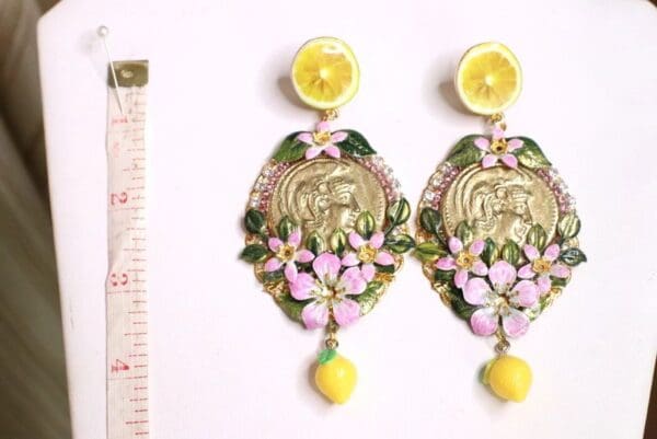 SOLD! 5613 Roman Coin Flower Blossom Lemons Statement Earrings - Image 4