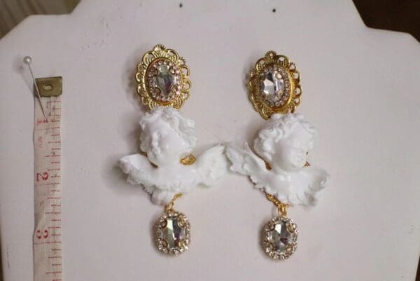 SOLD! 5627 Runway Baroque Clear Rhinestone White Chubby Cherubs Earrings - Image 7