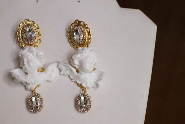 SOLD! 5627 Runway Baroque Clear Rhinestone White Chubby Cherubs Earrings - Image 8