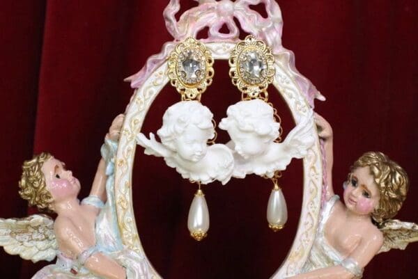 SOLD! 5628 Runway Baroque Large Clear Rhinestone Pearl Charm White Chubby Cherubs Earrings - Image 2
