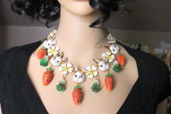 SOLD! 5631 Set Of Enamel Bunny Flowers Carrots Necklace+ Earrings - Image 4