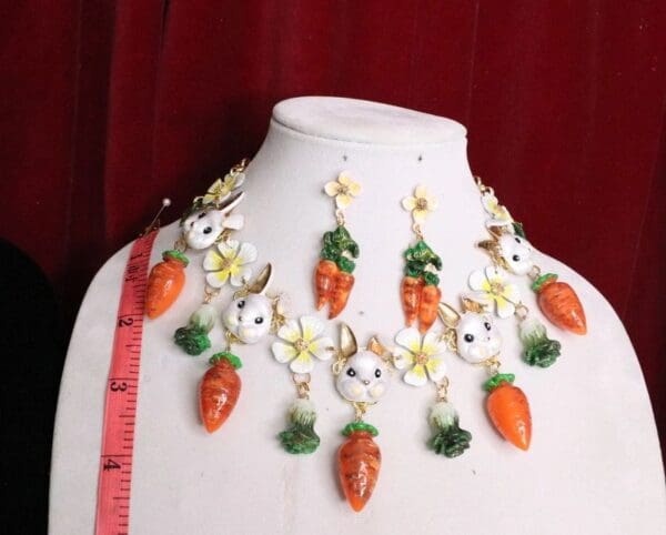 SOLD! 5631 Set Of Enamel Bunny Flowers Carrots Necklace+ Earrings - Image 5