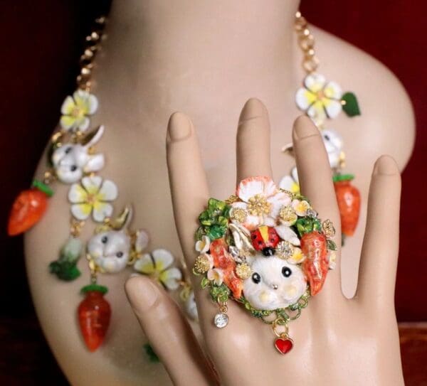 SOLD! 5631 Set Of Enamel Bunny Flowers Carrots Necklace+ Earrings - Image 8