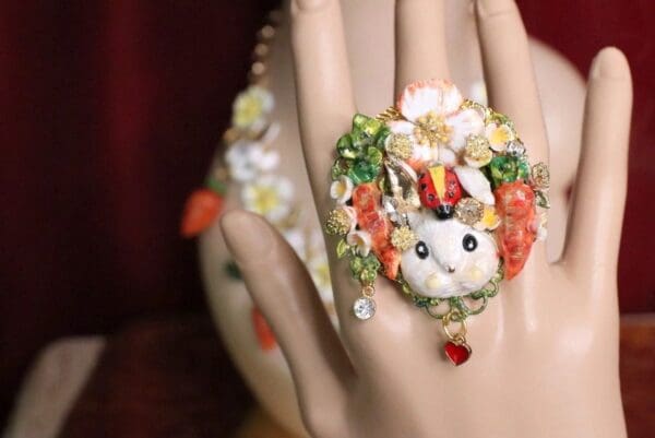 SOLD! 5632 Adorable Enamel Bunny Carrots Ladybug Cocktail Adjustable Ring - Image 5