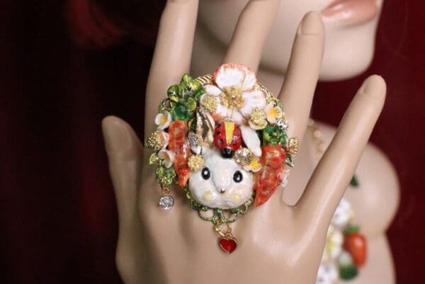 SOLD! 5632 Adorable Enamel Bunny Carrots Ladybug Cocktail Adjustable Ring