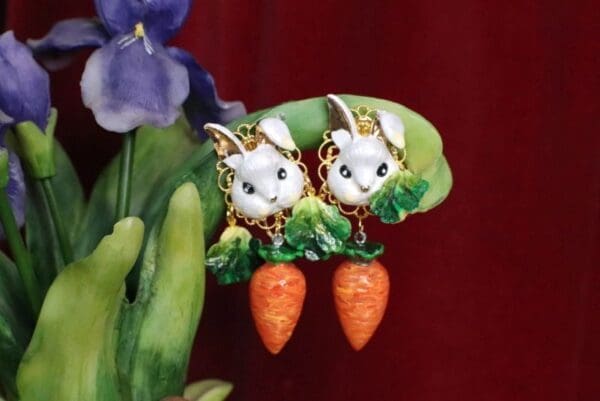 SOLD! 5633 Adorable Enamel Bunny Rabbit Carrot Cabbage Hand Painted Earrings - Image 5