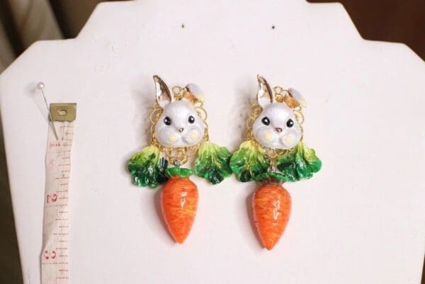 SOLD! 5633 Adorable Enamel Bunny Rabbit Carrot Cabbage Hand Painted Earrings - Image 6