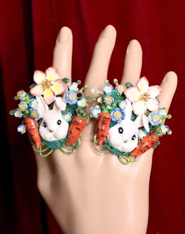 SOLD! 5634 Adorable Enamel Bunny Carrots Ladybug Cocktail Adjustable Ring - Image 2