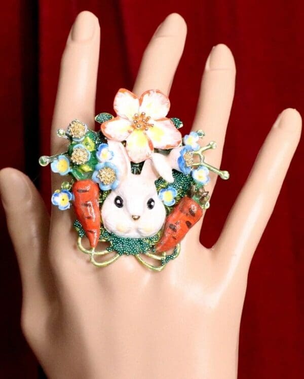 SOLD! 5634 Adorable Enamel Bunny Carrots Ladybug Cocktail Adjustable Ring - Image 3