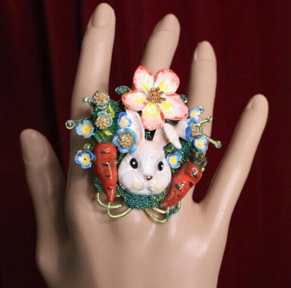 SOLD! 5634 Adorable Enamel Bunny Carrots Ladybug Cocktail Adjustable Ring