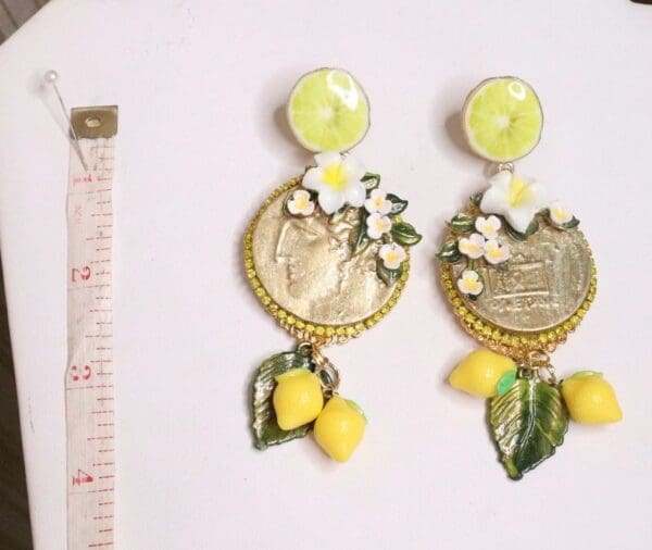 SOLD! 5646 Roman Coin Lemon Fruit Massive Statement Earrings - Image 2