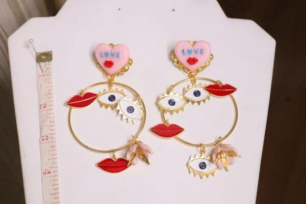 SOLD! 5676 Enamel Pop Art Lips Eyes Round Massive Statement Earrings - Image 7