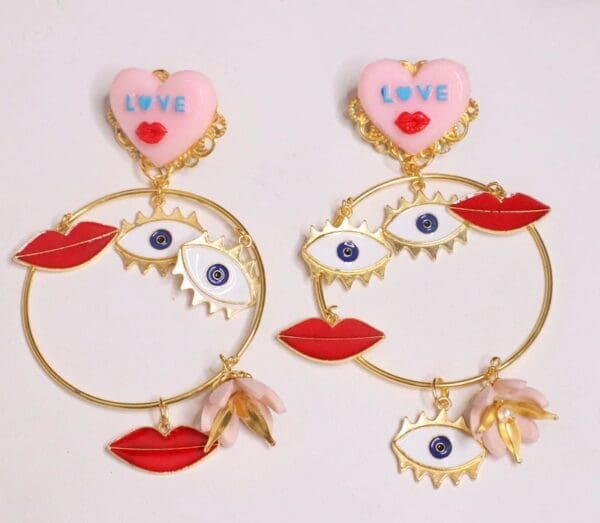 SOLD! 5676 Enamel Pop Art Lips Eyes Round Massive Statement Earrings