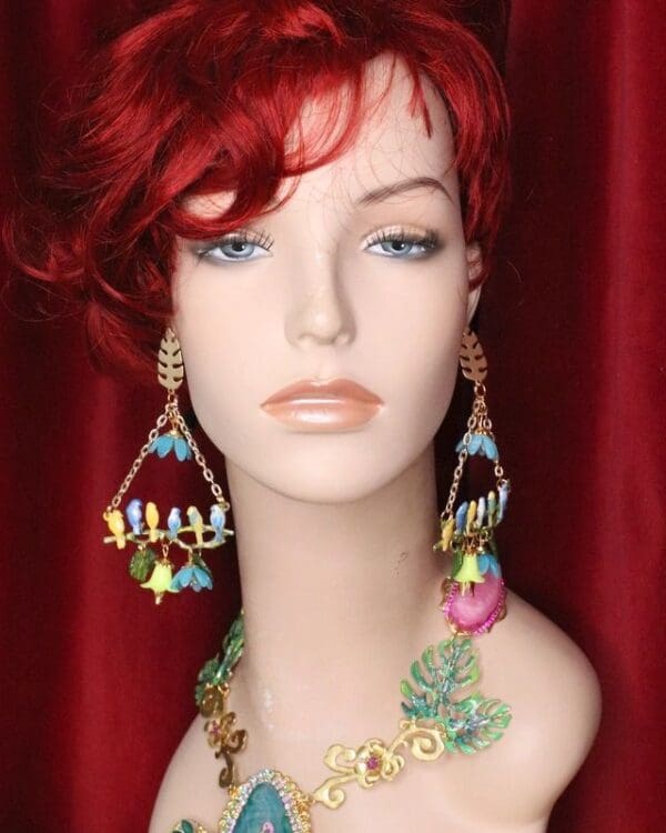 SOLD! 5679 Enamel Hand Painted Birds Dangle Flowers Massive Statement Earrings - Image 5