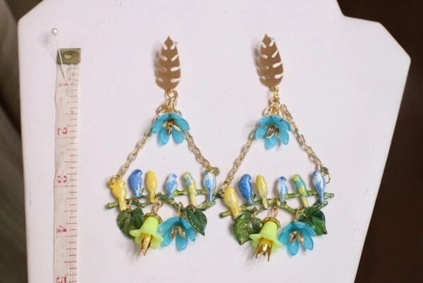 SOLD! 5679 Enamel Hand Painted Birds Dangle Flowers Massive Statement Earrings - Image 6