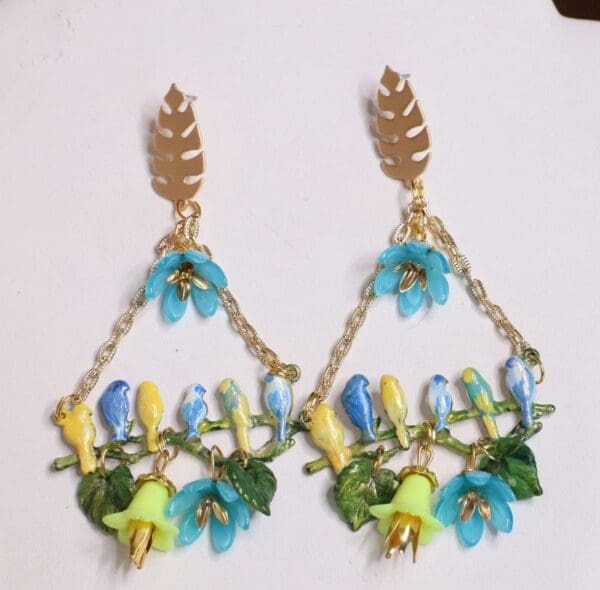 SOLD! 5679 Enamel Hand Painted Birds Dangle Flowers Massive Statement Earrings