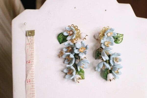 SOLD! 5681 Pale Blue Dangle Flowers Massive Statement Earrings - Image 6