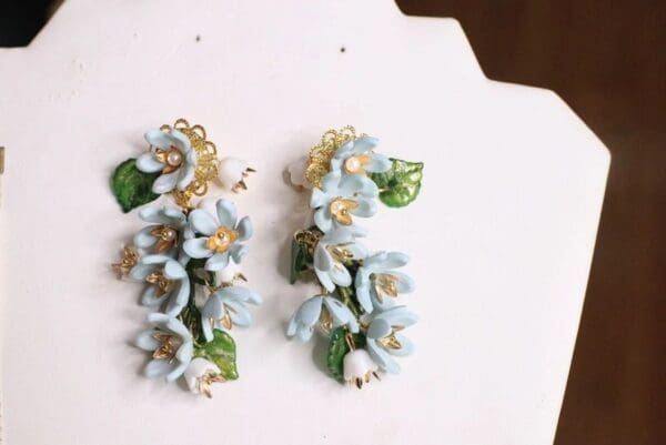 SOLD! 5681 Pale Blue Dangle Flowers Massive Statement Earrings - Image 7