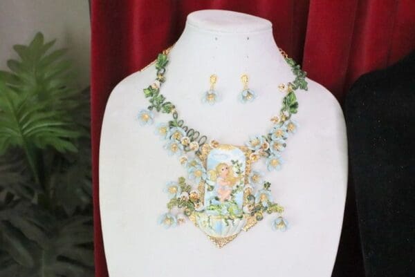SOLD! 5683 Set Of Rococo Cherub Fontain Lily Of The Valley Unique Hand Painted Massive Statement Necklace+ Earrings - Image 3