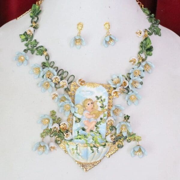 SOLD! 5683 Set Of Rococo Cherub Fontain Lily Of The Valley Unique Hand Painted Massive Statement Necklace+ Earrings - Image 2