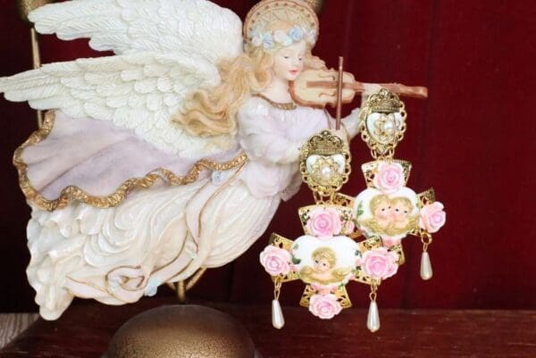 SOLD! 5711 Rococo Hearts Cherubs Cross Massive Statement Earrings - Image 2