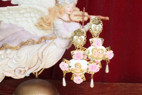 SOLD! 5711 Rococo Hearts Cherubs Cross Massive Statement Earrings - Image 3
