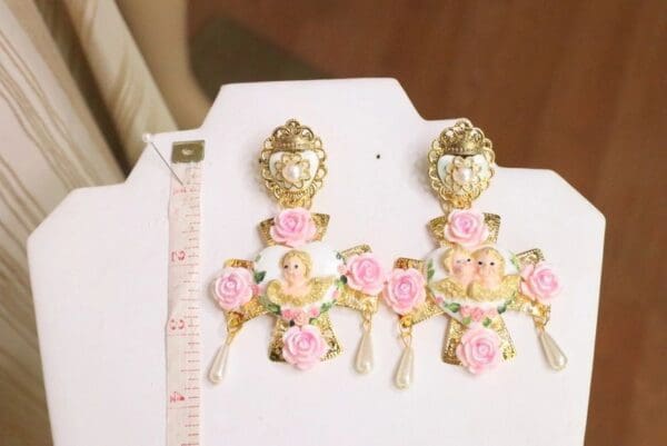 SOLD! 5711 Rococo Hearts Cherubs Cross Massive Statement Earrings - Image 4